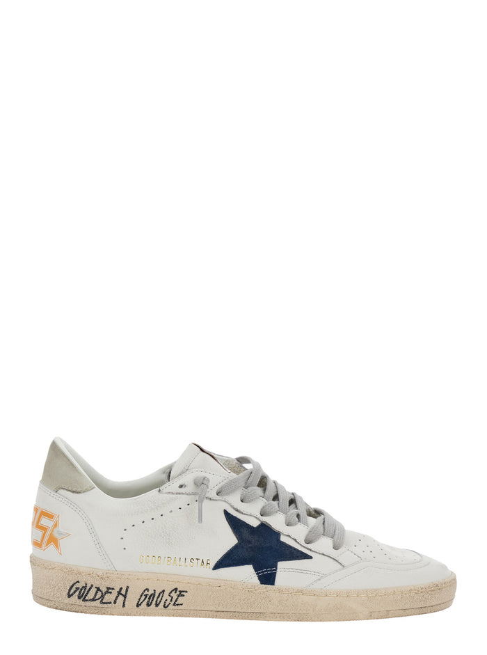 Mens Ballstar Low Top Sneakers With Star Patch On The Side And Maxi Lettering Back In White Leather Goat Cow