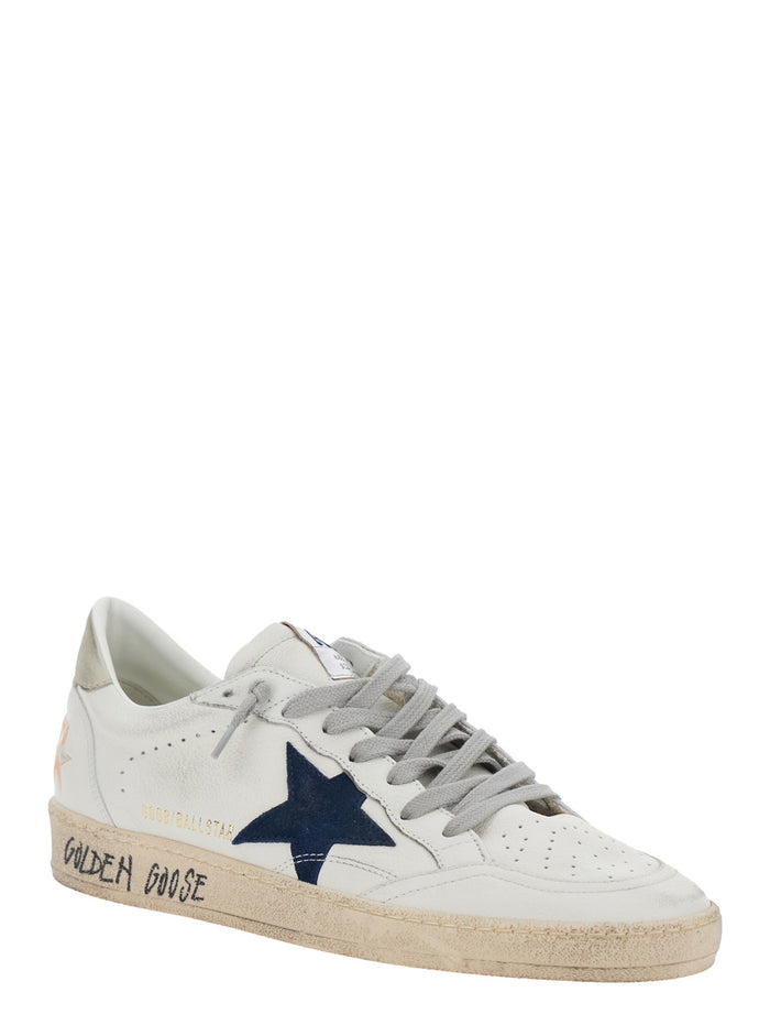 Mens Ballstar Low Top Sneakers With Star Patch On The Side And Maxi Lettering Back In White Leather Goat Cow