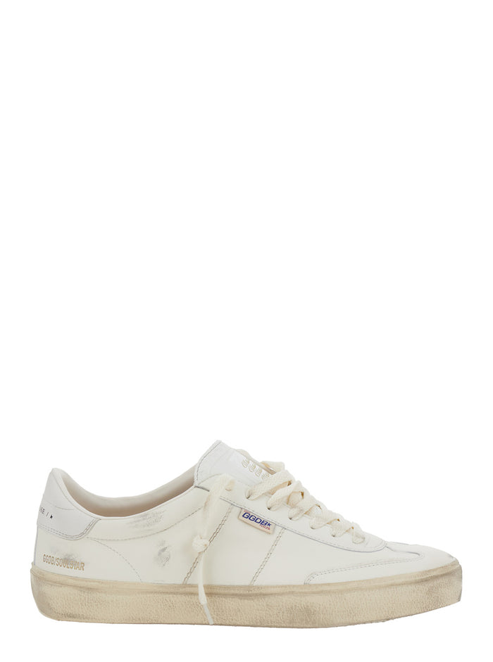 Soul-Star White Low Top Sneakers with Metallic Heel Tab in Leather Man Ovine Cow