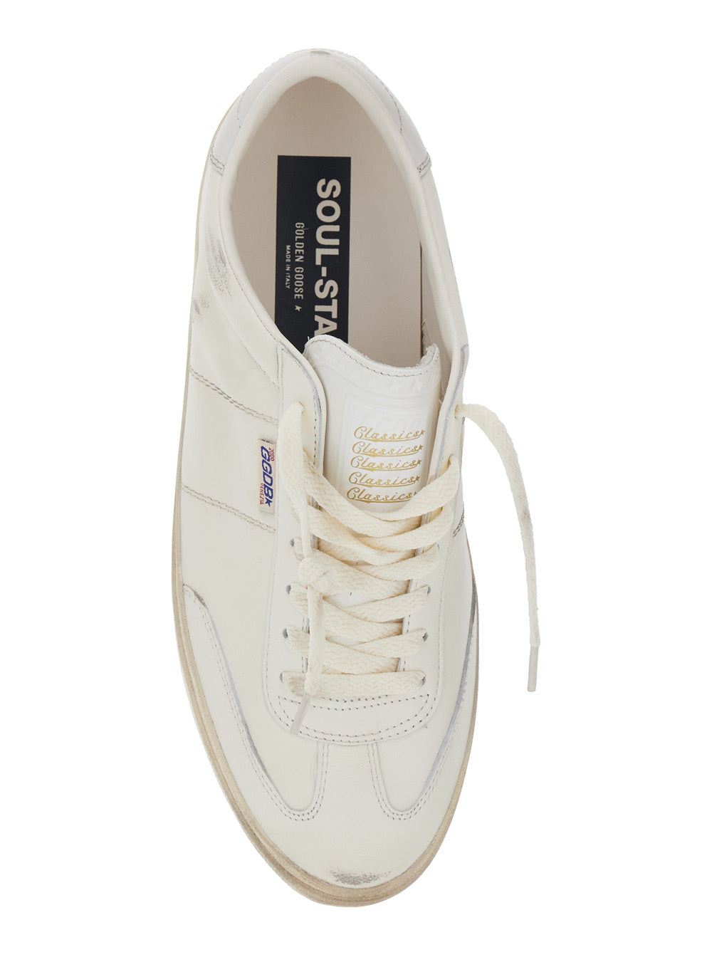 Soul-Star White Low Top Sneakers with Metallic Heel Tab in Leather Man Ovine Cow