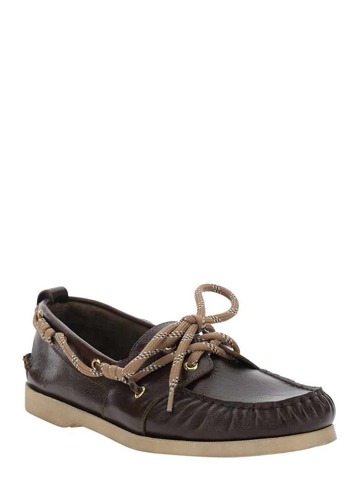 Loafers Boat Moccasin Leather Brown With Rounded Toe Men Cow