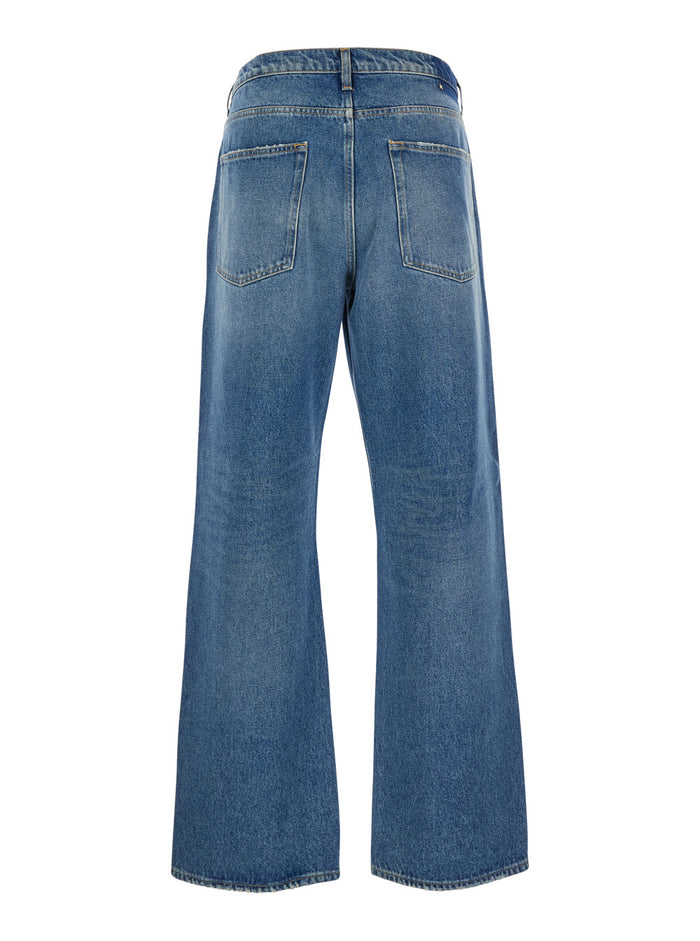 Blue Wide Leg Jeans with Bleach Effect in Denim Cotton for Men Blu