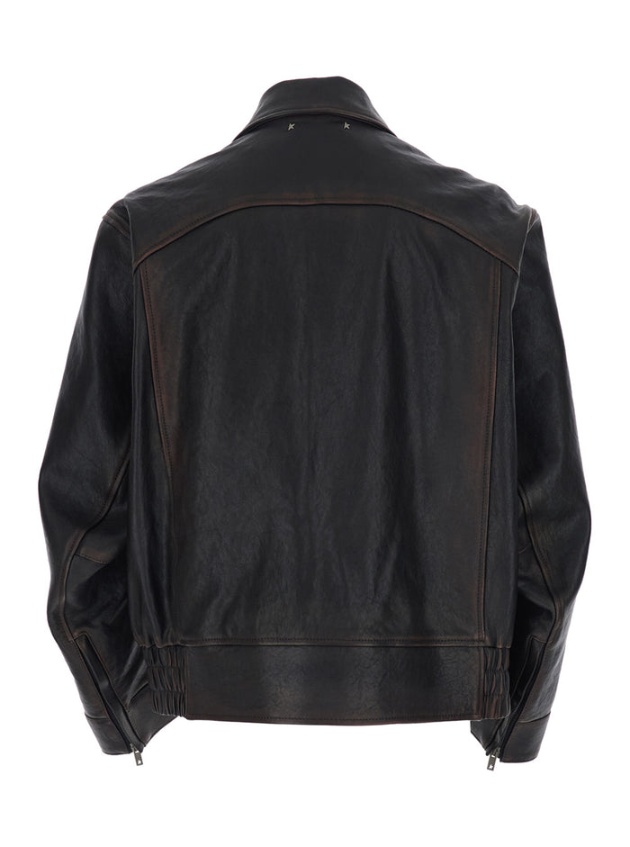 Brown Jacket with Classic Collar and Aged Effect in Leather for Men Ovine Outerwear
