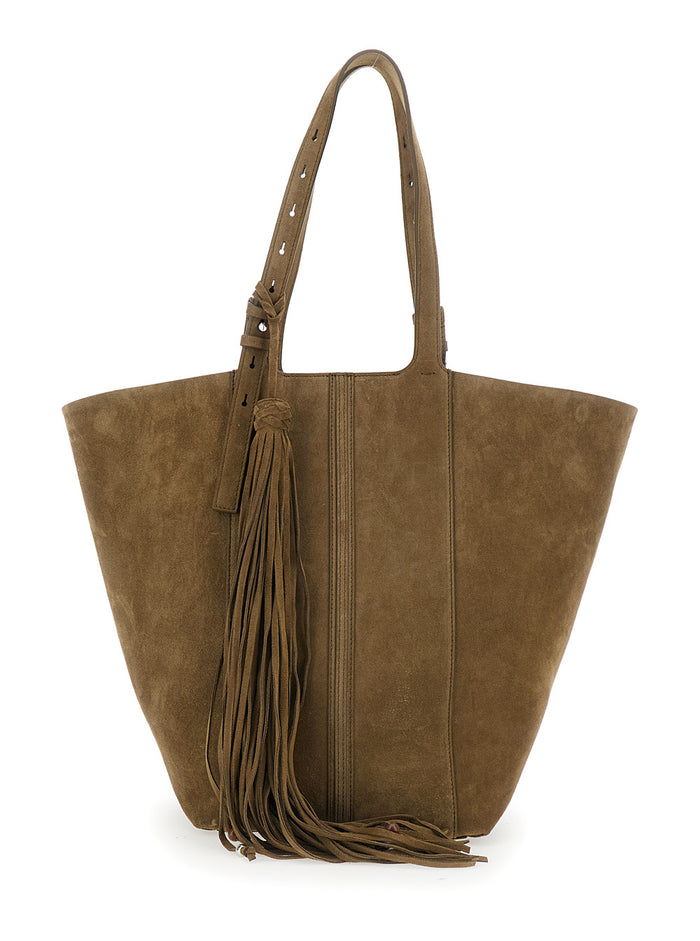 Tote bag SHOPPING 24.7 in Suede Green with Nappa Fringes and Silver Metal Details for Women Cow