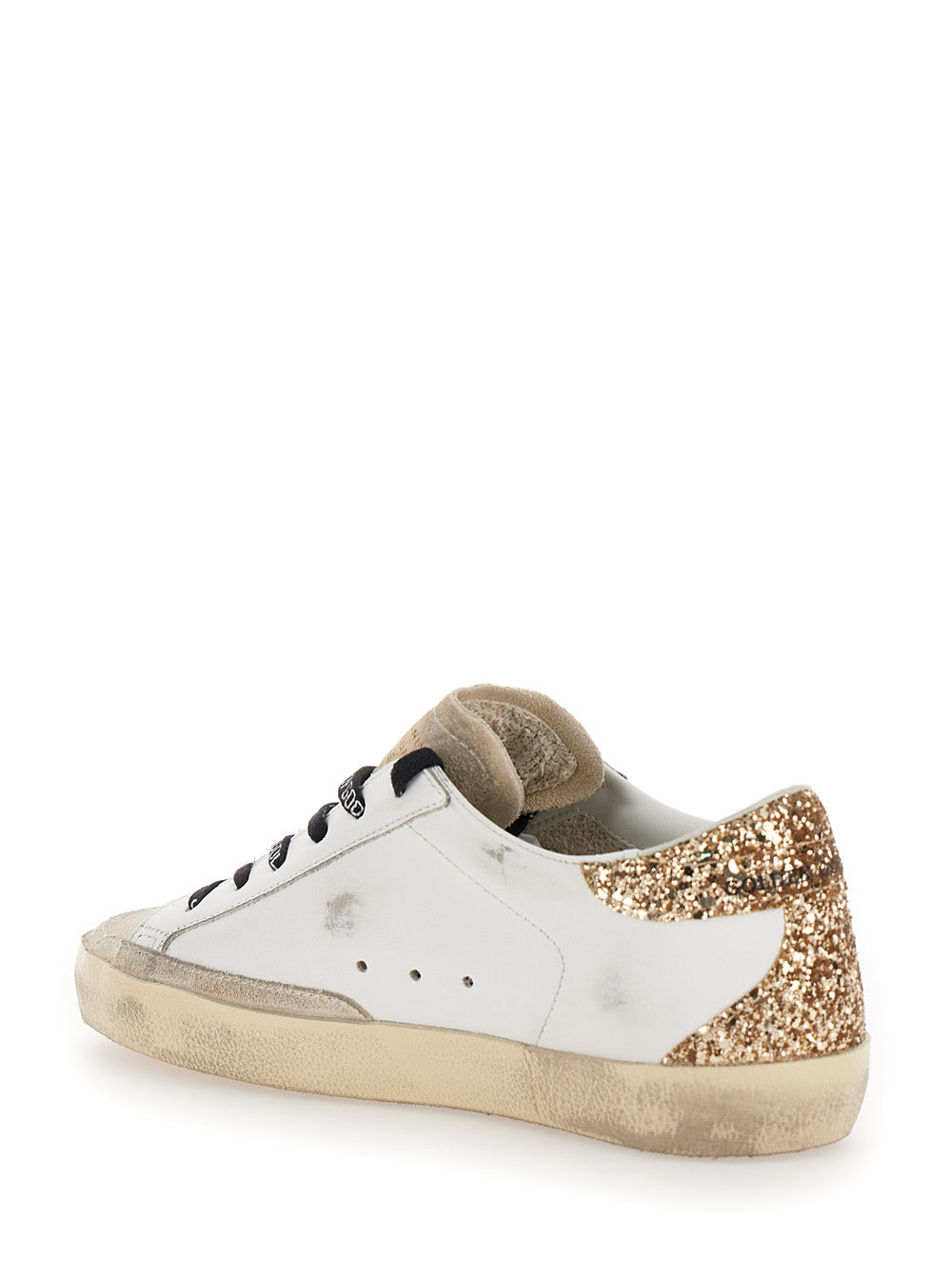 Low Superstar Sneakers with Glitter in Used Effect White Leather for Women