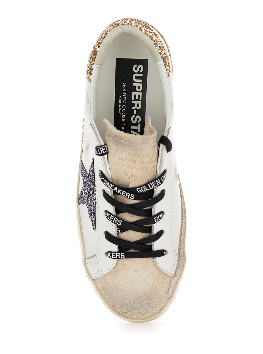 Low Superstar Sneakers with Glitter in Used Effect White Leather for Women