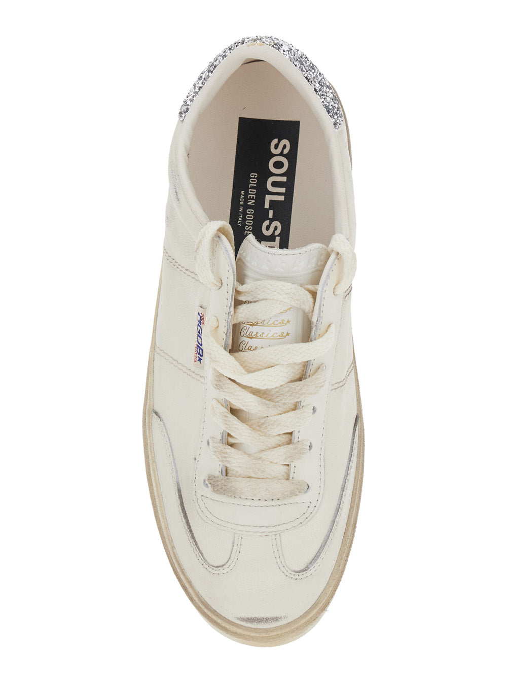 Soul-Star White Low-Top Sneaker with Glitter Heel and Logo Lettering in Leather Woman Ovine Cow