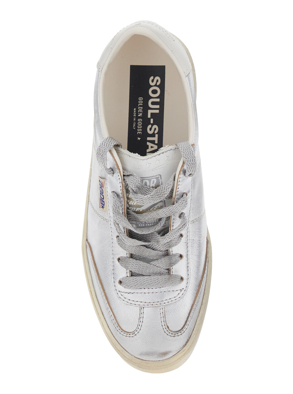 Soul-Star Metallic Low Top Sneakers with Logo Lettering on Tongue and Heel in Laminated Leather Woman Cow Sheep