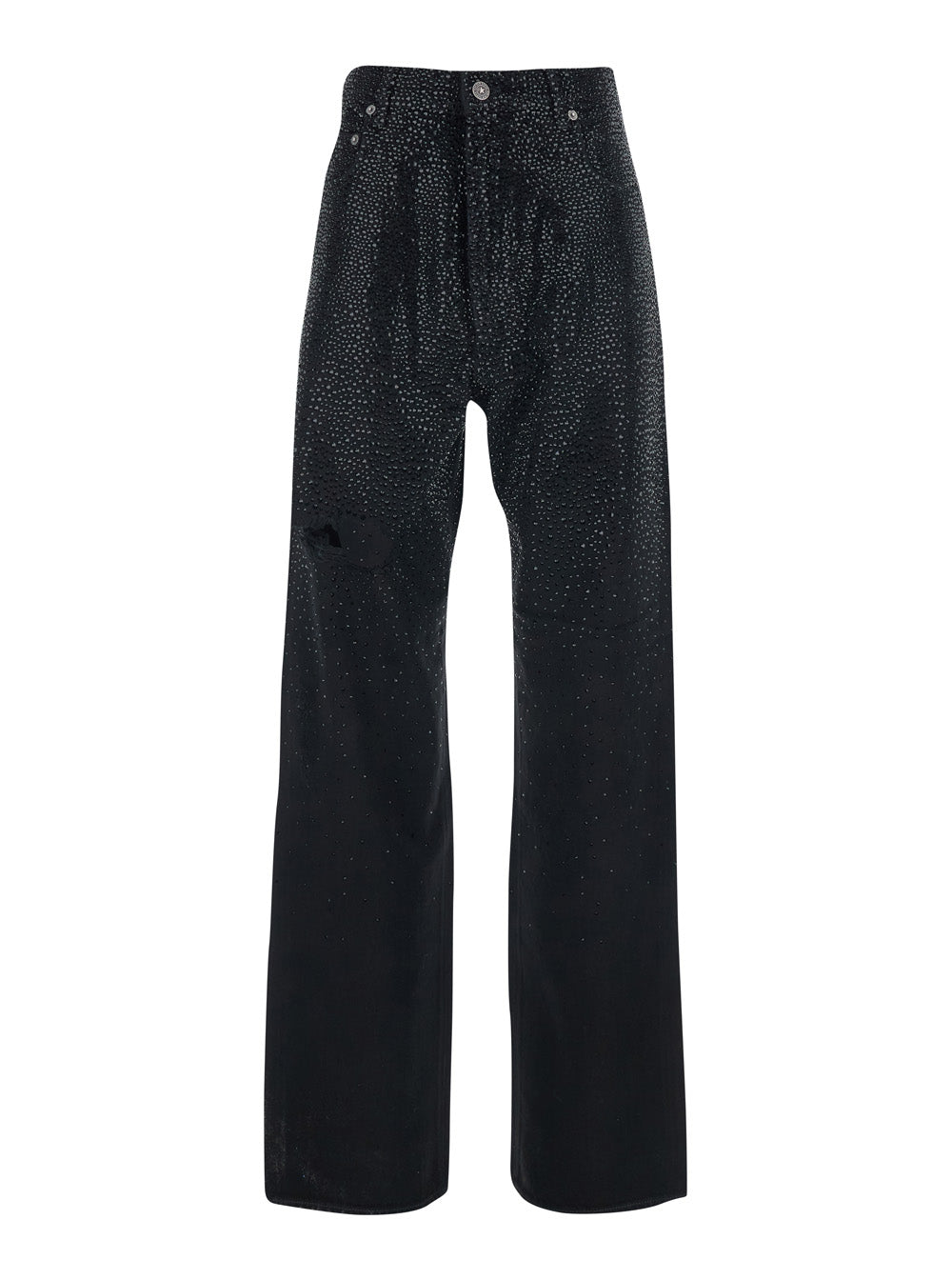 Jeans with Belt Loops and All-Over Crystal Decoration in Black Denim for Women Cotton