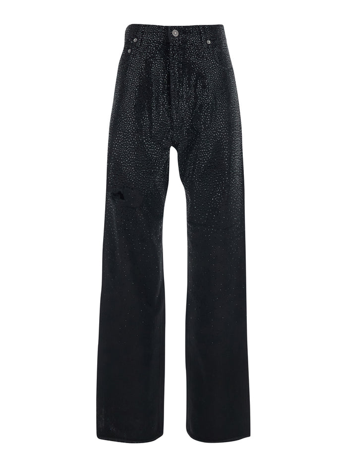 Jeans with Belt Loops and All-Over Crystal Decoration in Black Denim for Women Cotton