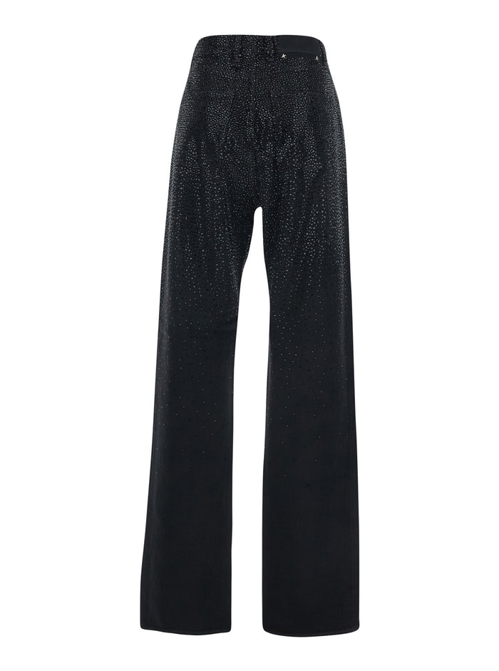 Jeans with Belt Loops and All-Over Crystal Decoration in Black Denim for Women Cotton