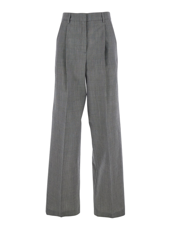 Wide Leg Trousers with All-Over Prince of Wales Print in Grey Wool for Women Virgin