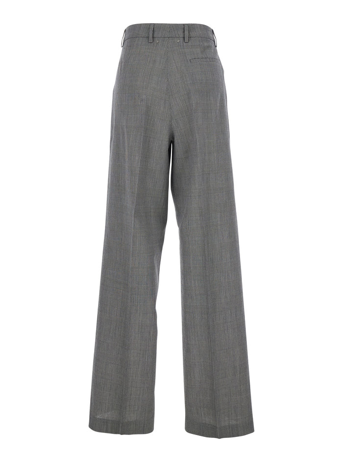 Wide Leg Trousers with All-Over Prince of Wales Print in Grey Wool for Women Virgin