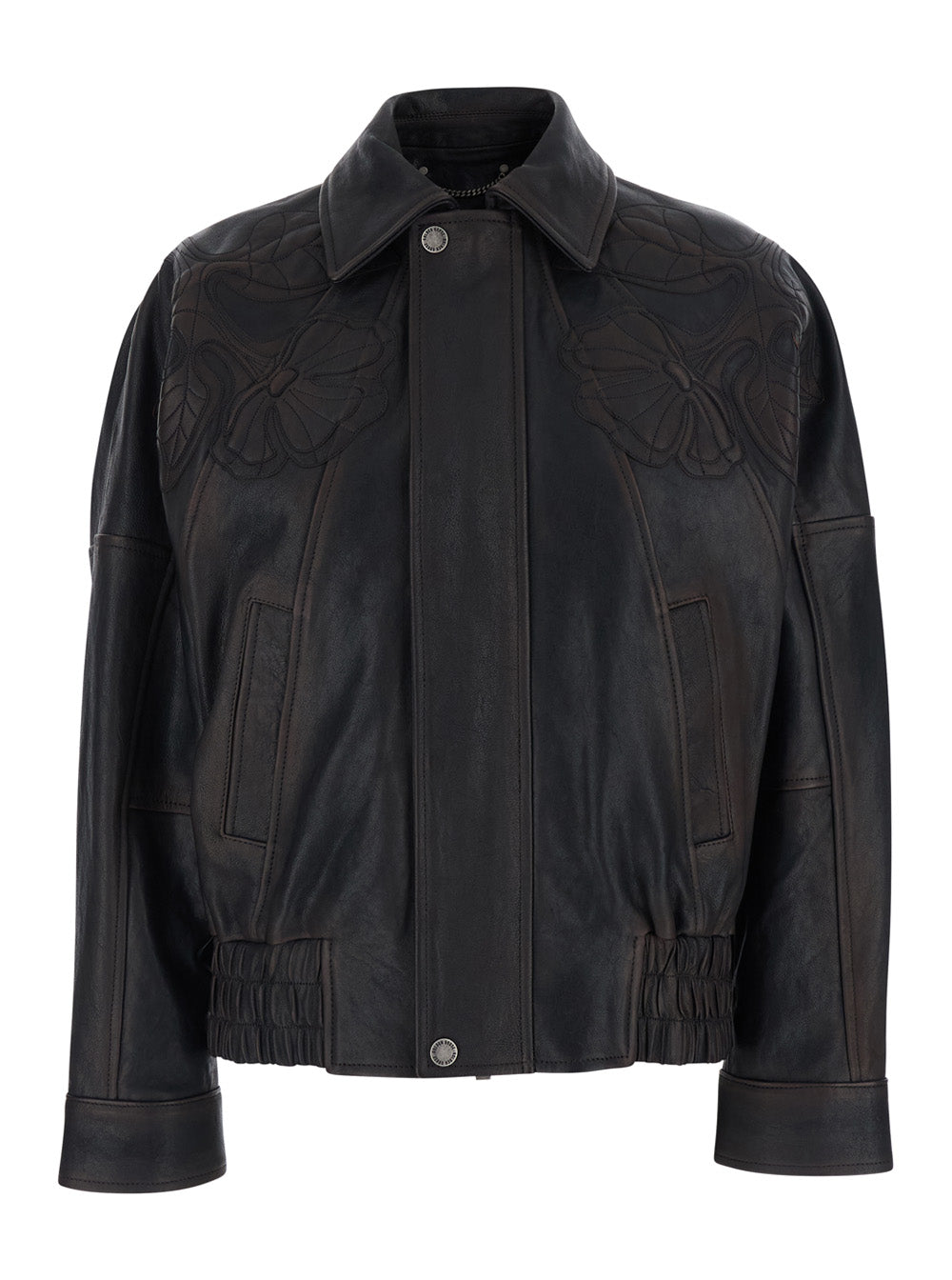 Journey Jacket with Classic Collar and All-Over Floral Embroidery in Brown Leather for Women Ovine Outerwear