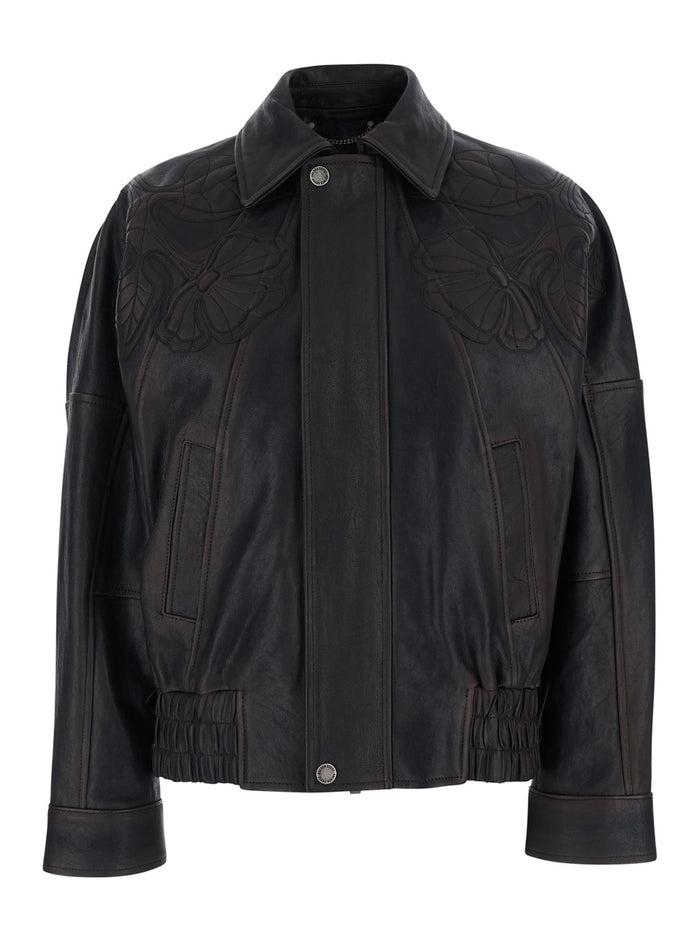 Journey Jacket with Classic Collar and All-Over Floral Embroidery in Brown Leather for Women Ovine Outerwear