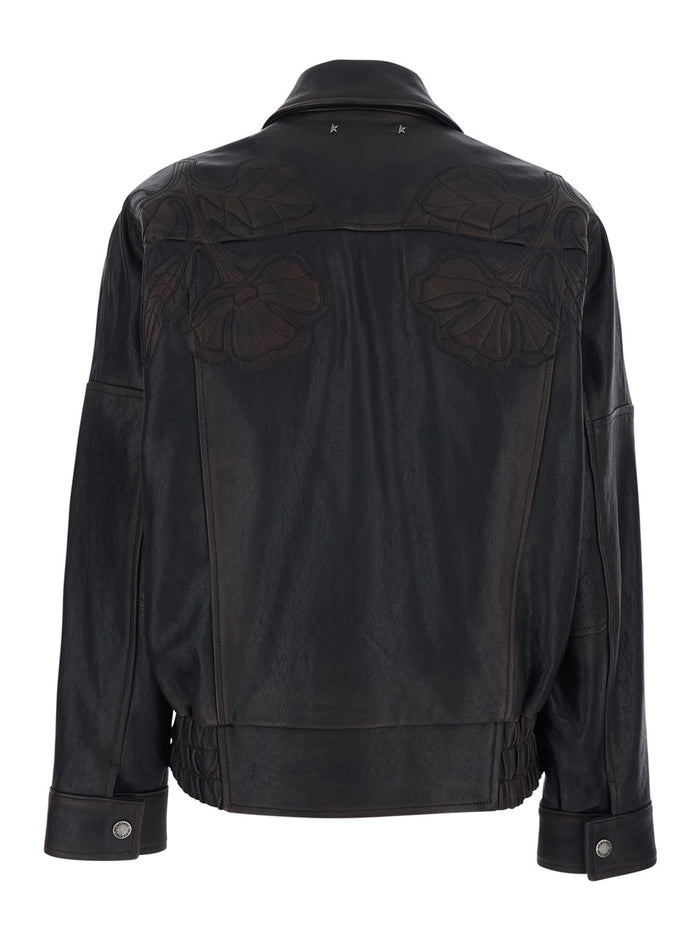 Journey Jacket with Classic Collar and All-Over Floral Embroidery in Brown Leather for Women Ovine Outerwear