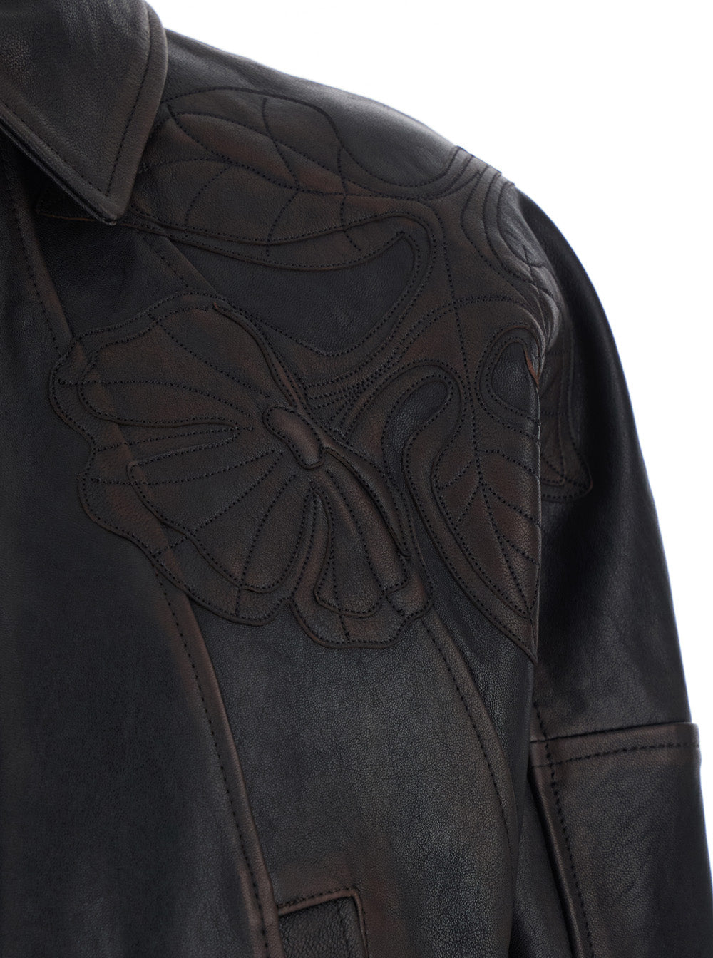 Journey Jacket with Classic Collar and All-Over Floral Embroidery in Brown Leather for Women Ovine Outerwear
