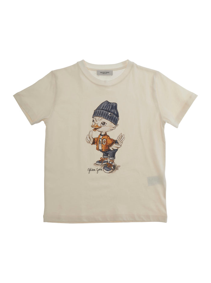Round Neck T-Shirt with Front Print in White Cotton for Kids Tshirts And Polo Shirts