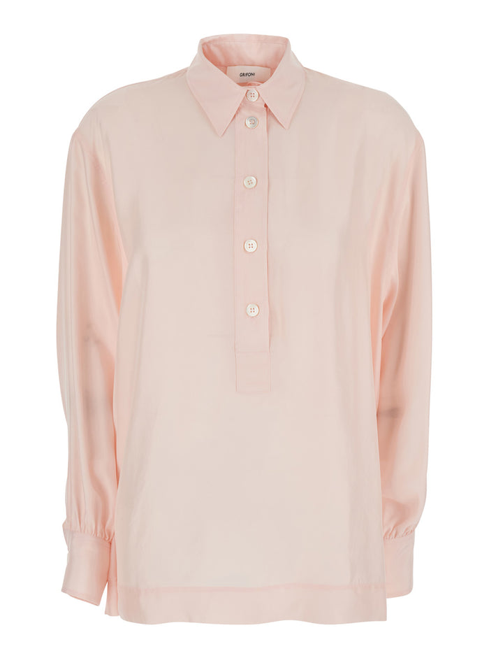 Pointed Collar Long Sleeve Shirt In Pink Women And Blouses
