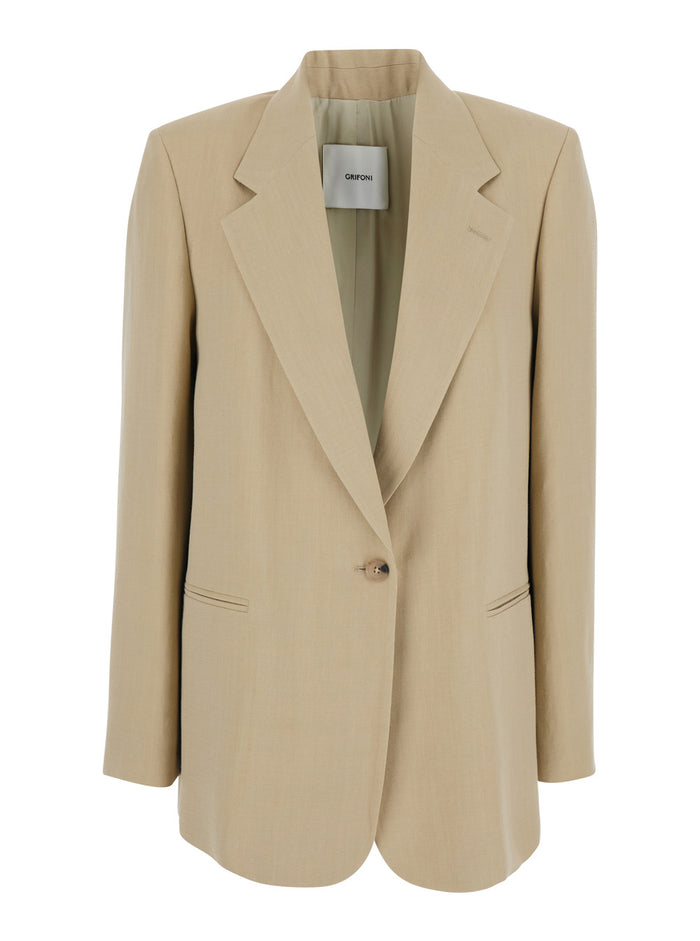 Beige Jackets with Shirt Collar and Front Button Closure in Tech Fabric for Women Blazers