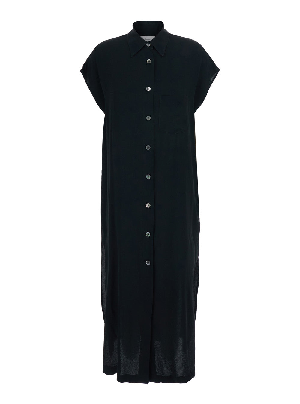 Black Long Dress With Classic Collar And Button Closure On The Front Fabric Women