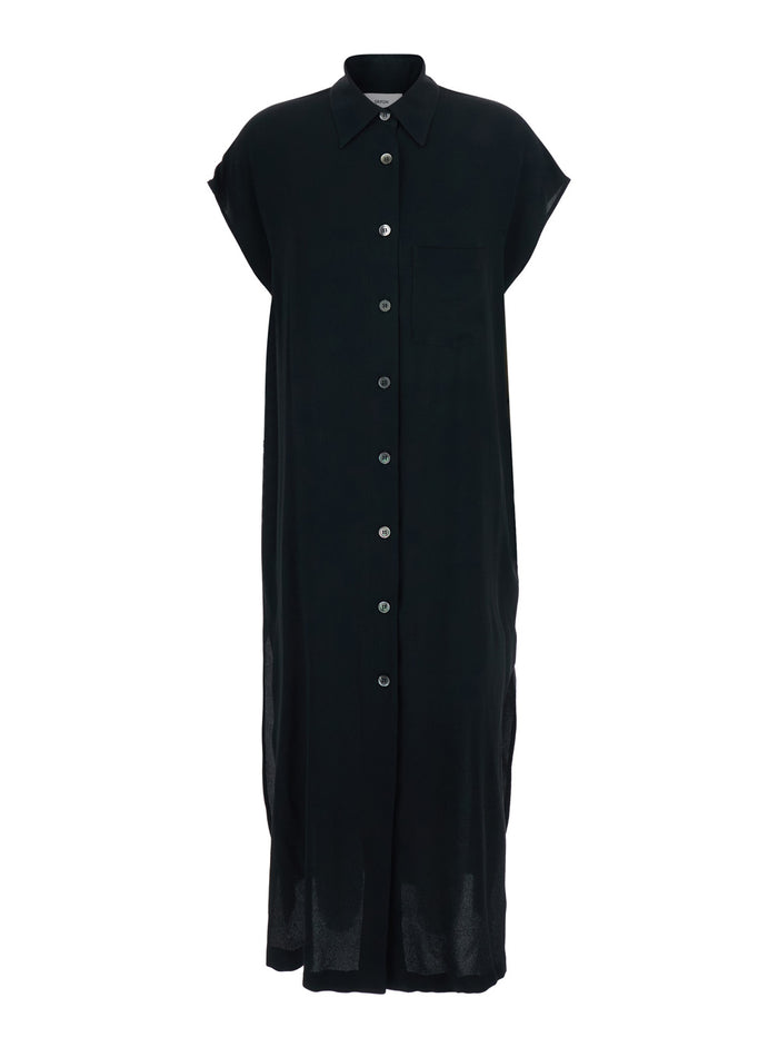 Black Long Dress With Classic Collar And Button Closure On The Front Fabric Women