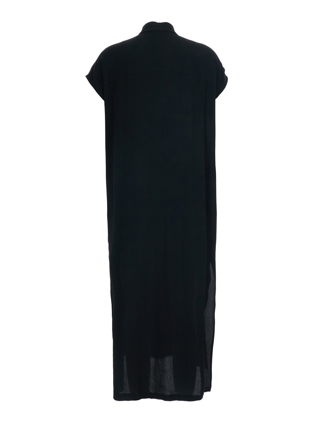 Black Long Dress With Classic Collar And Button Closure On The Front Fabric Women