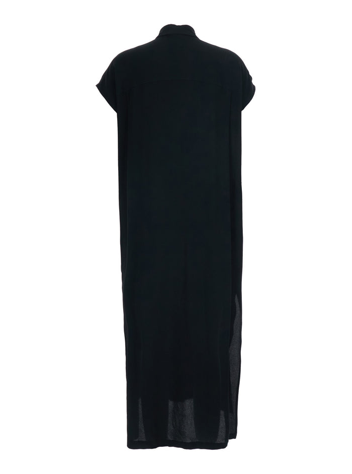 Black Long Dress With Classic Collar And Button Closure On The Front Fabric Women