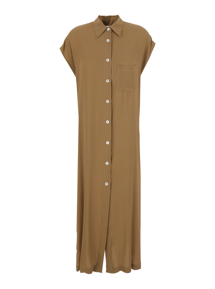 Beige Long Dress With Classic Collar And Button Closure On The Front Tech Fabric Women