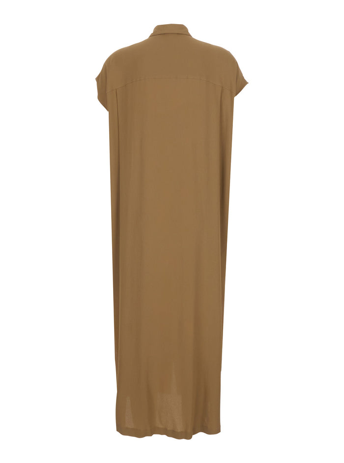 Beige Long Dress With Classic Collar And Button Closure On The Front Tech Fabric Women