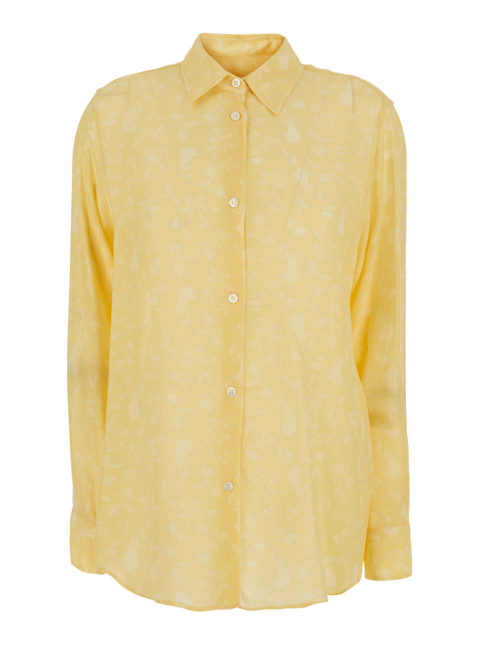 Yellow Shirt With Classic Collar And Long Sleeves Cotton Woman Blouses