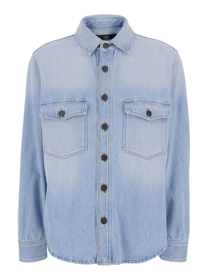 LONG SLEEVE SHIRT - with Classic Collar and Front Buttons In Cotton Light Blue Women Blouses