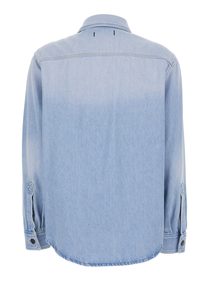 LONG SLEEVE SHIRT - with Classic Collar and Front Buttons In Cotton Light Blue Women Blouses