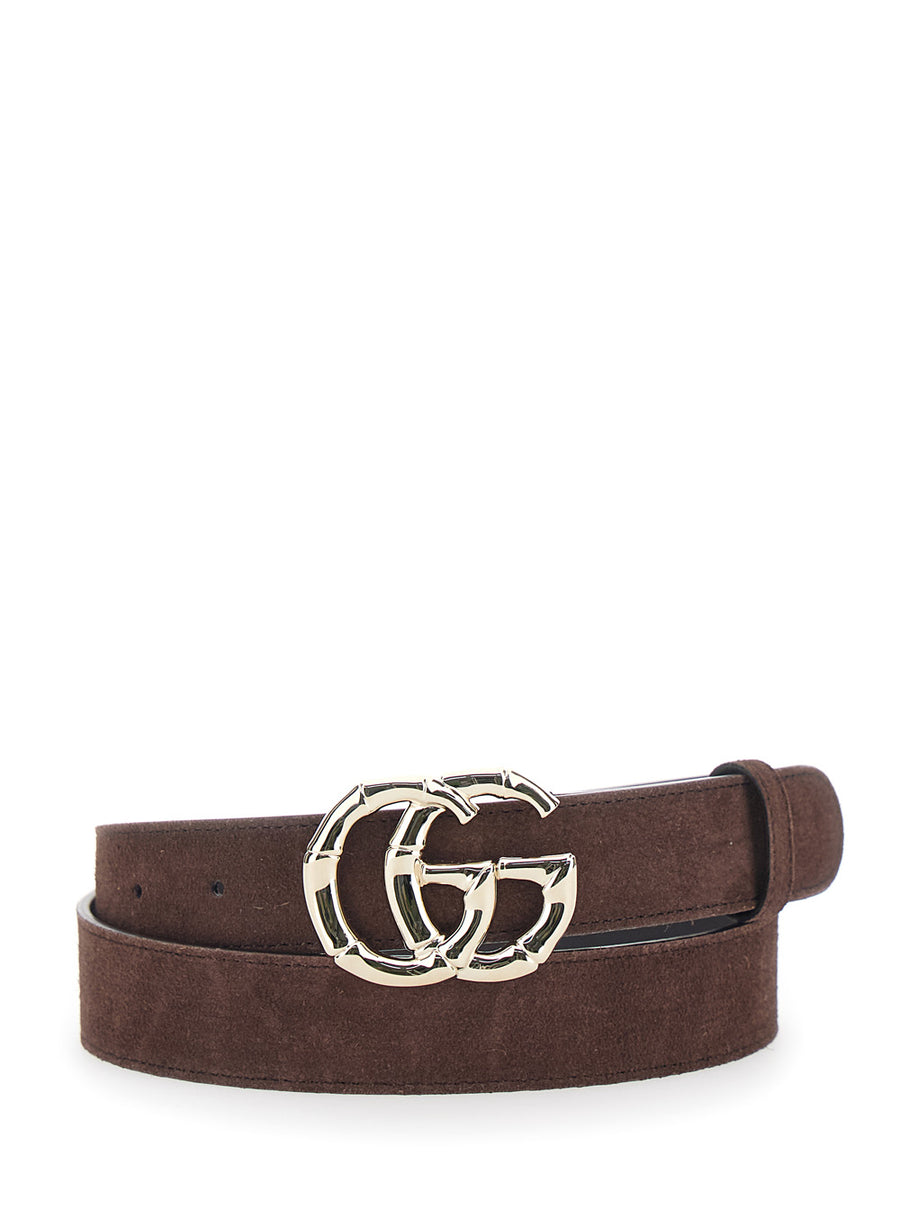 Belt With Gg Buckle, Brown Suede Calf Leather