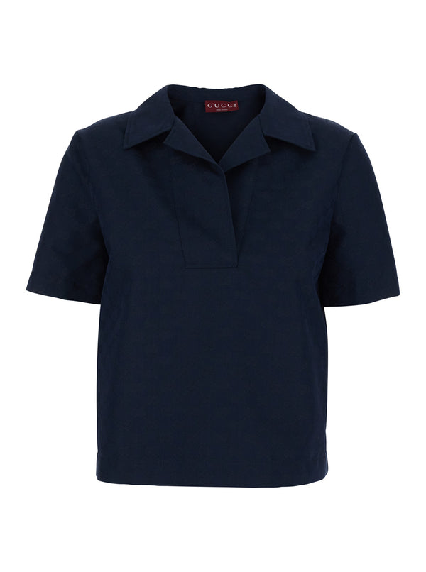 Blouse With Wide Collar, Blue Cotton-Blend Polyester Blouses