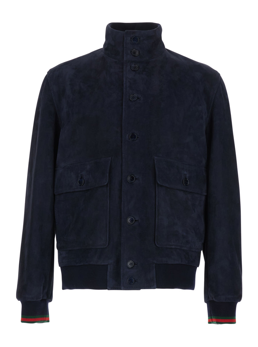High Collar Jacket Blue Suede Lambskin Coat