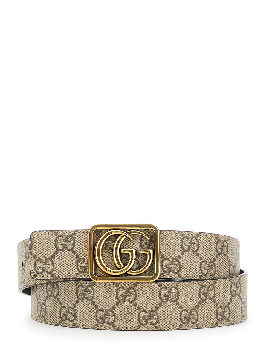 Beige Reversible Belt With Gg Buckle Polyurethane