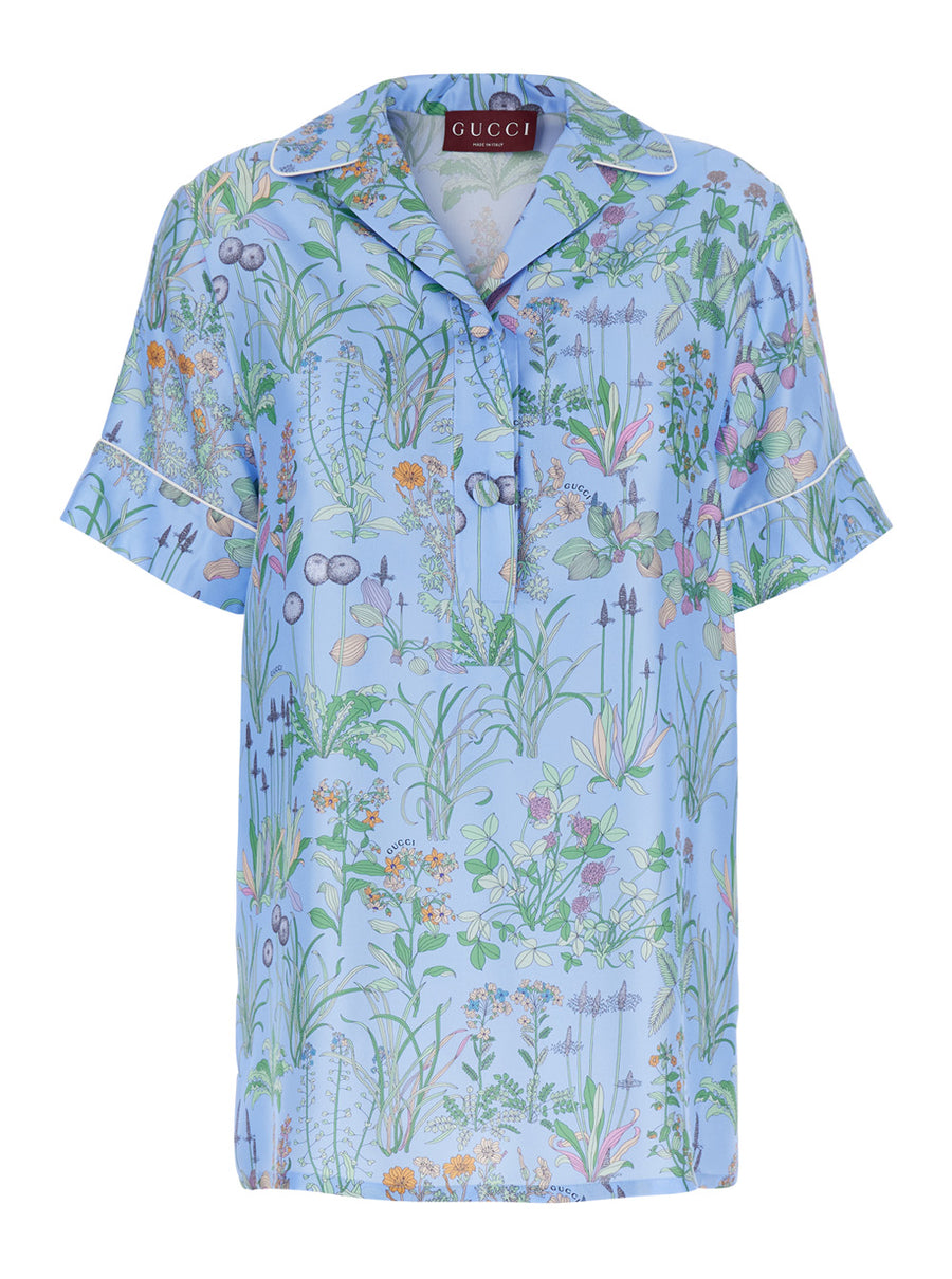 Shirt With Cuban Collar — Light Blue Silk Blouses