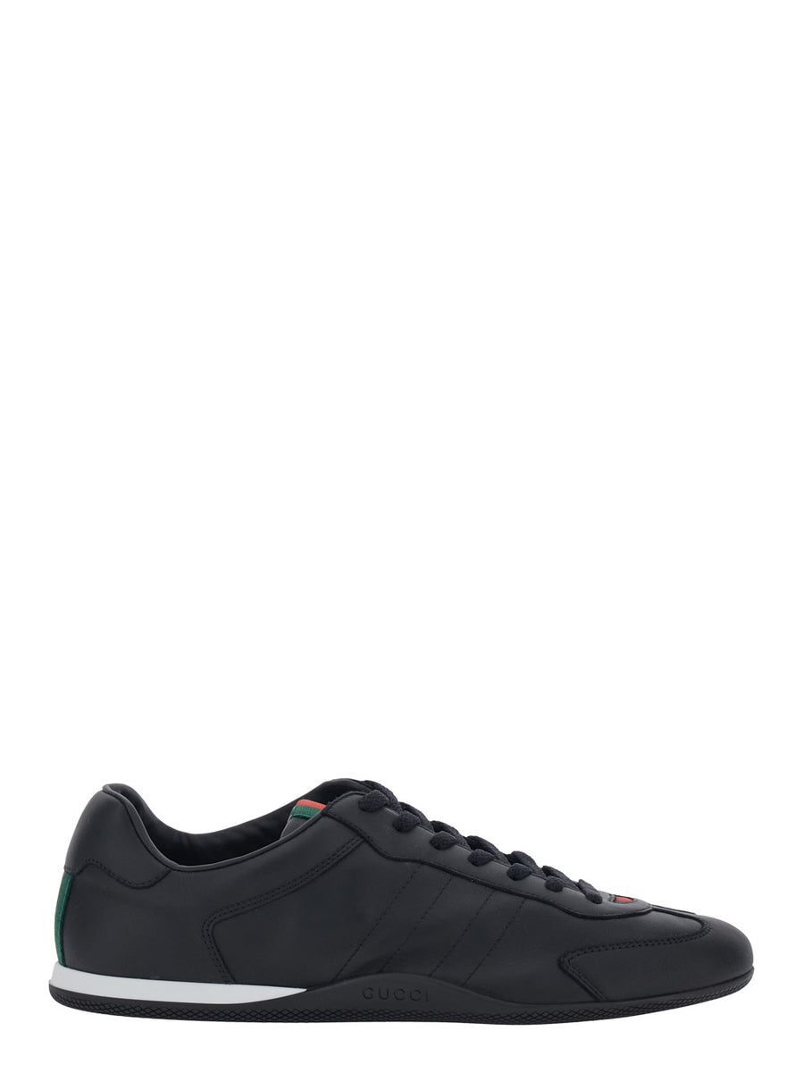 Low Top Sneakers Web Detail Black Leather Calf Trainers
