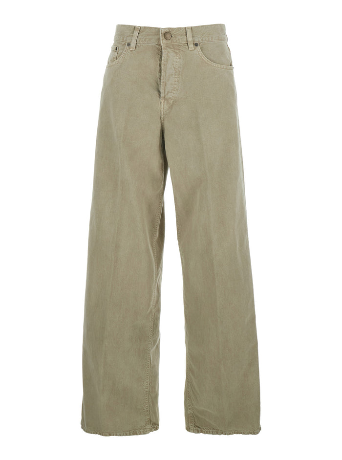 Khaki Green Jeans With Belt Loops And Logo Patch On The Back Denim Women
