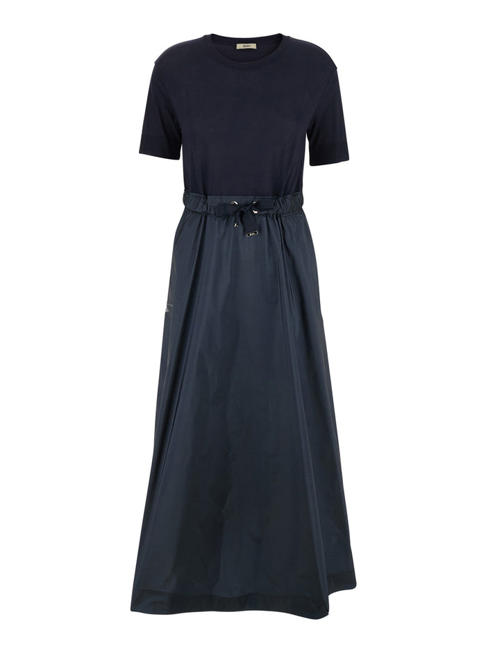 Blue Crewneck Midi Dress with Elastic Drawstring Waist and Panelled Design in Tech Fabric Woman Blu Polyester Long