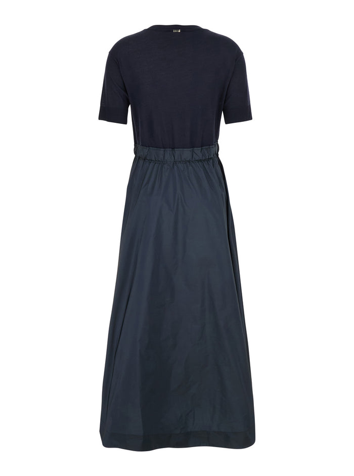 Blue Crewneck Midi Dress with Elastic Drawstring Waist and Panelled Design in Tech Fabric Woman Blu Polyester Long