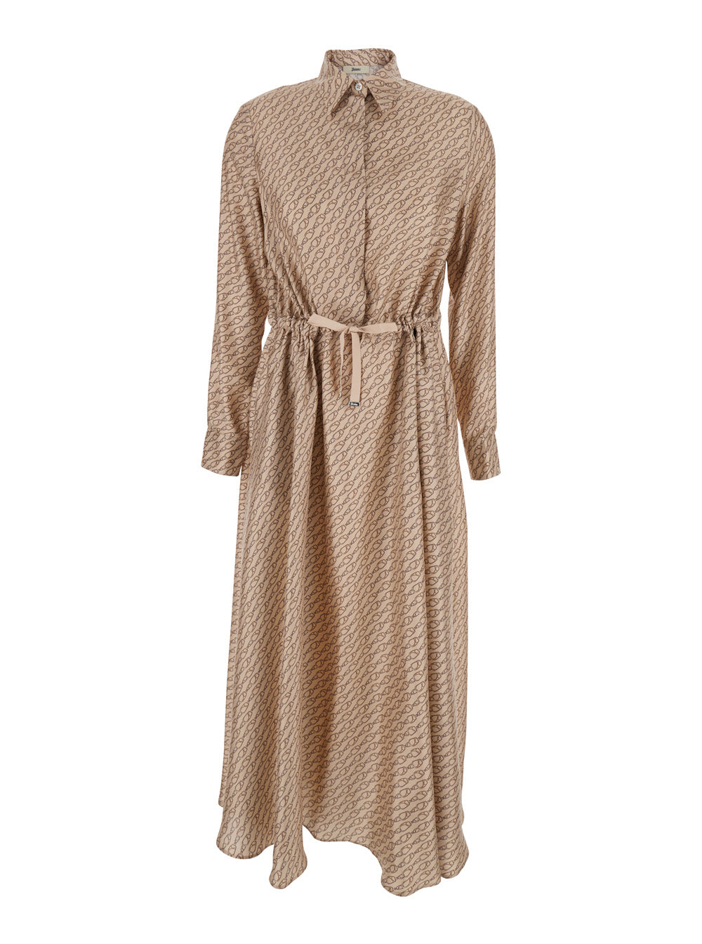 Dress AB000062D16009P1985 Beige with Classic Collar and All-over Silk Print for Women Long