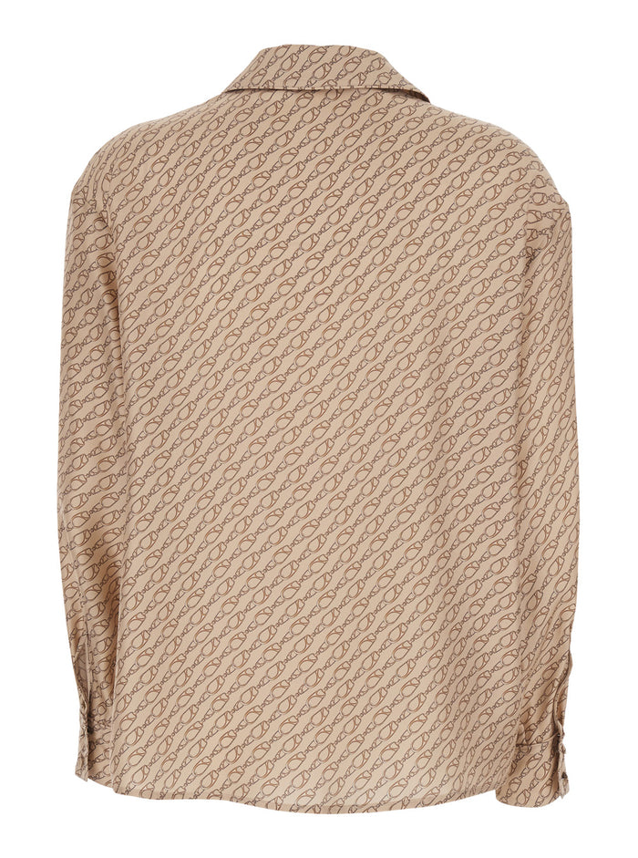 Silk Shirt with Wide Collar and All-Over Print Beige Women Blouses
