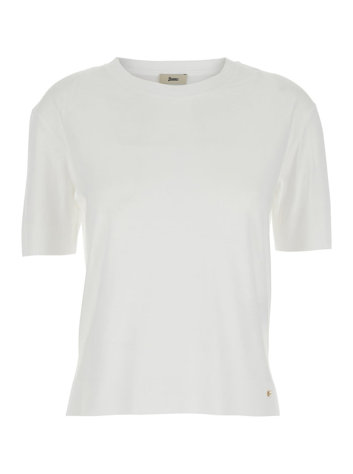Round Neck T-Shirt with Logo Plate on the Front in Cotton Blend White Women Lyocell Tshirts And Polo Shirts