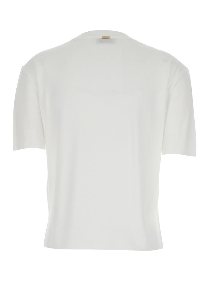 Round Neck T-Shirt with Logo Plate on the Front in Cotton Blend White Women Lyocell Tshirts And Polo Shirts