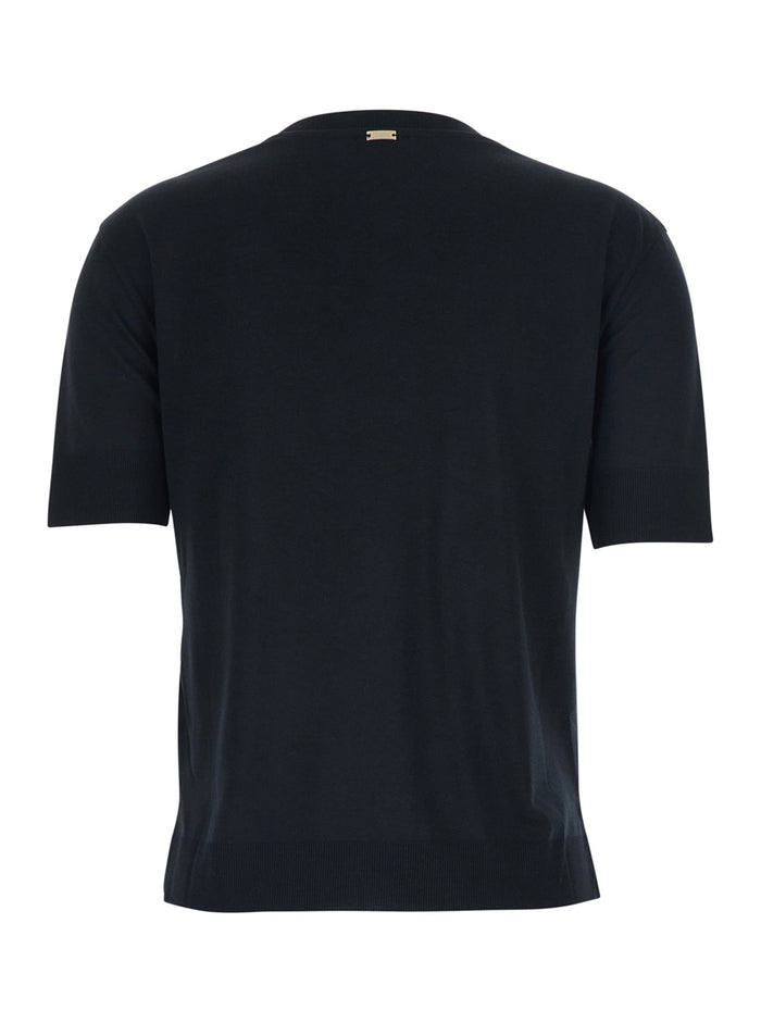 Crew Neck T-Shirt with Logo Plate on the Front in Cotton Blend Black Women Lyocell Tshirts And Polo Shirts
