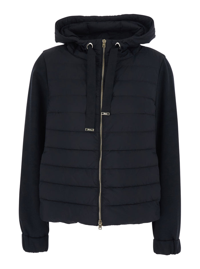 Black Down Jacket with Drawstring Hood and Quilted Design in Cotton Tech Fabric Woman Base