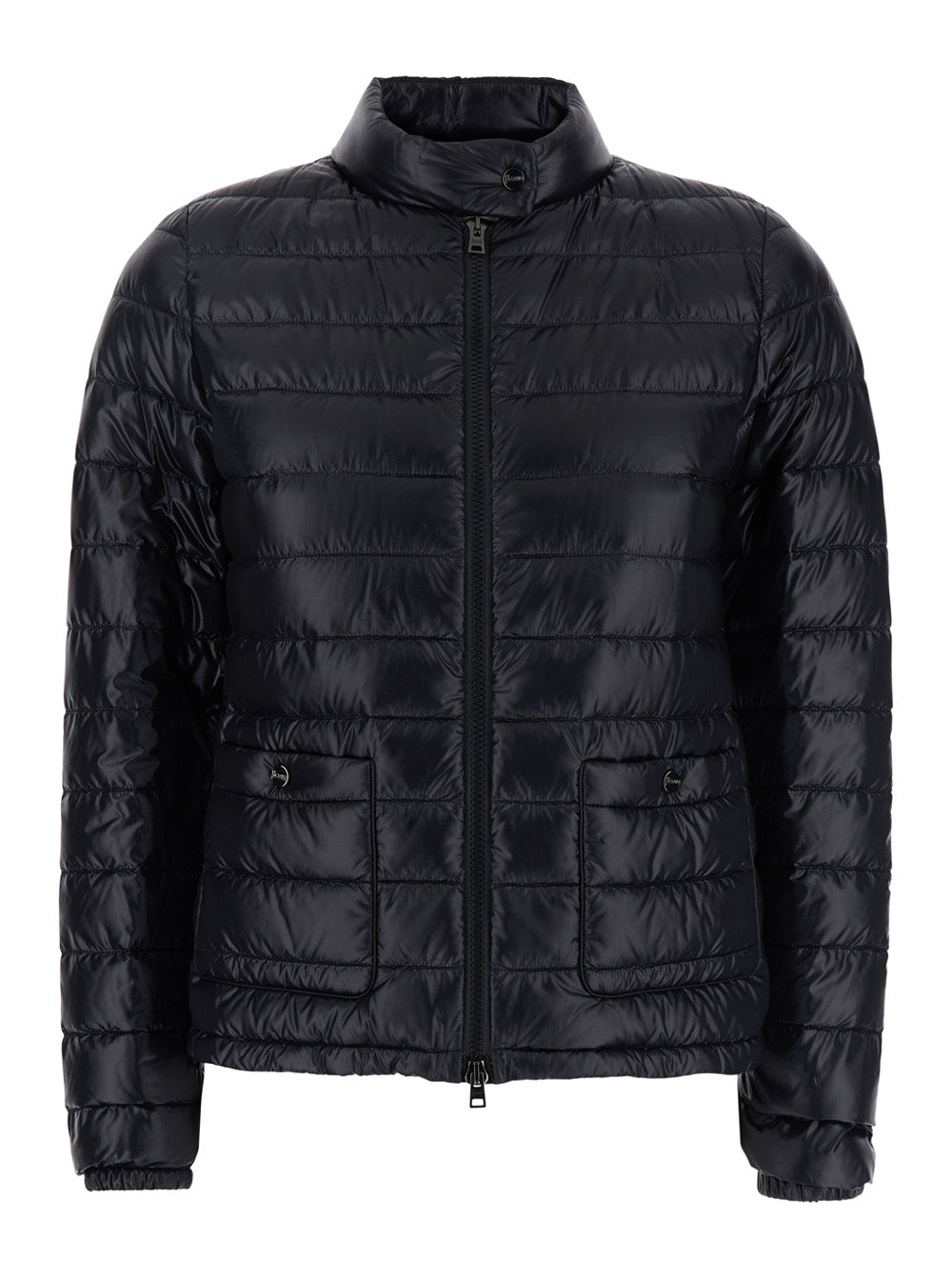 Quilted Puffer Jacket with Raised Collar and Front Pockets in Black Tech Fabric for Women Polyamide Down