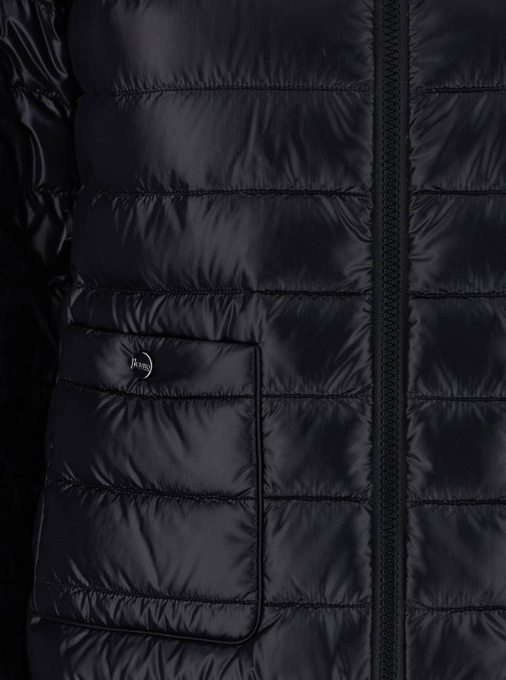 Quilted Puffer Jacket with Raised Collar and Front Pockets in Black Tech Fabric for Women Polyamide Down